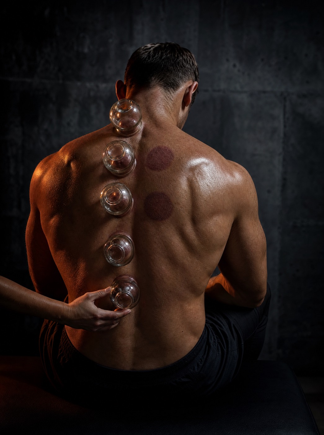 Ventouses de verre posées le long de la colonne d'un athlète, marques de cupping visibles